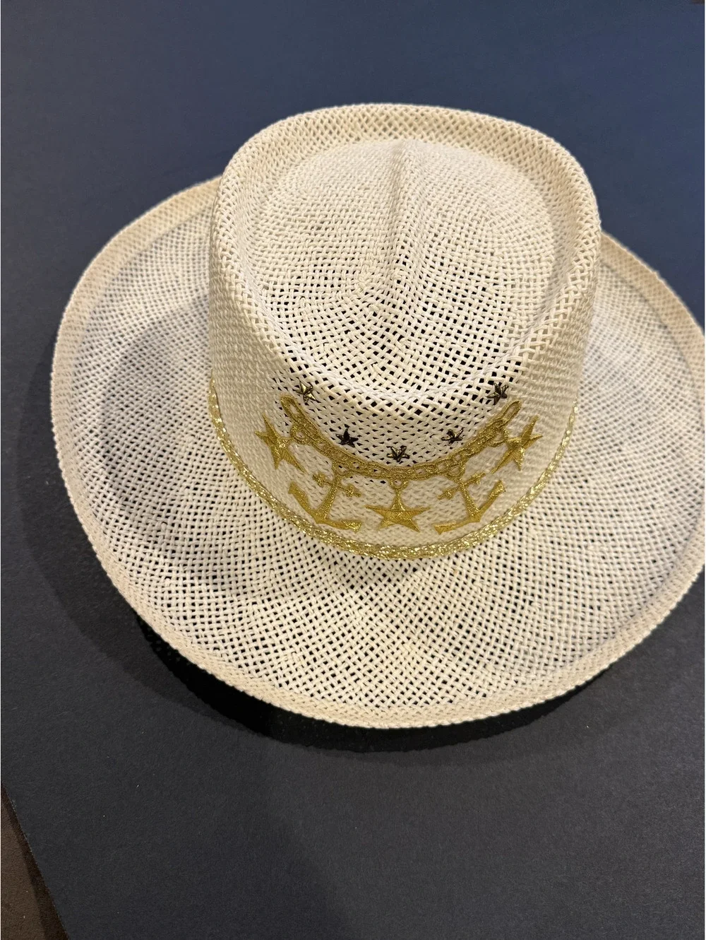 Beige Straw Panama Hat with Gold Anchor and Star Embroidery